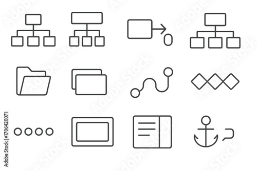Navigation Icons Collection. Line style icons of navigation hierarchy: page tree, section icon, link flow, sitemap icon; nested