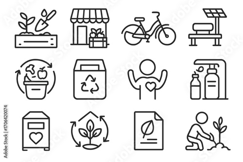 Sustainable Community Icons. Line style icons of community sustainability: shared garden, local market, public bike, solar bench;
