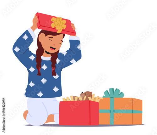 Amazed girl child cartoon character opening gift box with teddy bear for present isolated on white