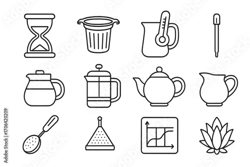 Tea Brewing Icons. Line style icons of tea brewing tools: tea timer, infuser basket, water pitcher, brewing thermometer; glass