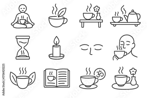 Mindful Tea Rituals Icons. Line style icons of mindful tea rituals: meditation cup, steaming leaf, peaceful table, calming tray;