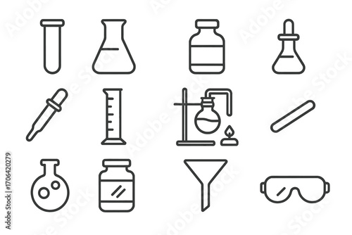 Chemistry Equipment Icons. Line style icons of chemistry equipment: test tube, conical flask, reagent bottle, lab burner; pipette,