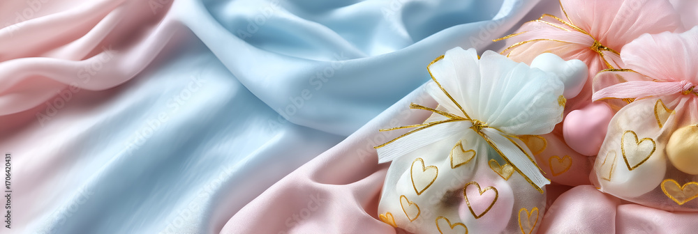 custom made wallpaper toronto digital Delicate Baby Shower Scene: A composition of pastel silk fabrics forms a soft backdrop for charming baby-themed decorations, including heart-shaped ornaments, and a teddy bear gift bag.
