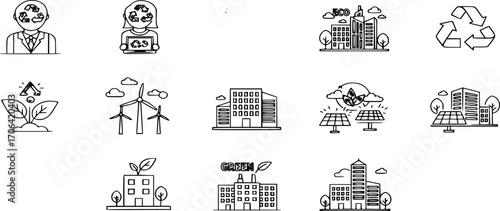 Green City and Ecology Line Icon Set. Eco Friendly Living, Eco City, Renewable Energy, Green Buildings, and Sustainable Urban Development symbols Vector Illustration