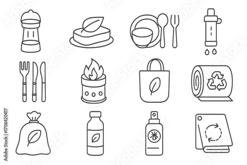 Eco-Friendly Camping Gear Icons. Line style icons of eco-friendly camping gear: solar lantern, biodegradable soap, reusable dish
