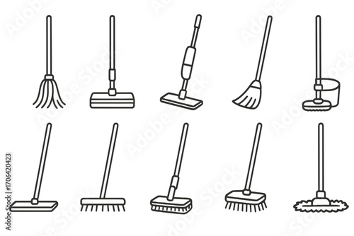 Mop and Broom Icons. Line style icons of mop and broom variations: string mop, sponge mop, spray mop, spin mop; angled broom, push