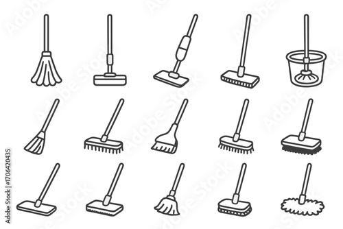 Mop and Broom Icons. Line style icons of mop and broom variations: string mop, sponge mop, spray mop, spin mop; angled broom, push