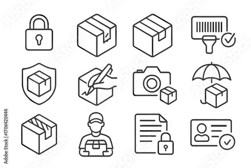 Parcel Security Icons. Line style icons of parcel security: locked box, tamper-proof label, sealed package, barcode verification;