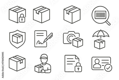 Parcel Security Icons. Line style icons of parcel security: locked box, tamper-proof label, sealed package, barcode verification;