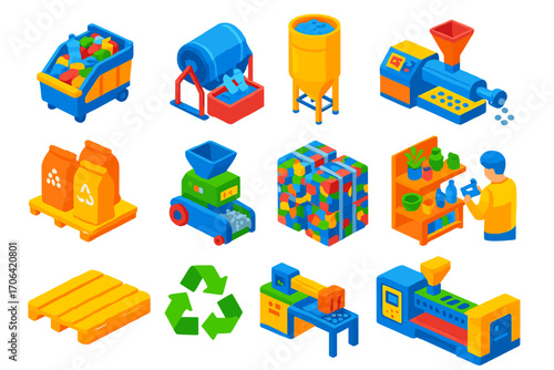 Plastic Recycling Process. Isometric vector illustration set Plastic recycling: plastic sorting station, PET bottle washing unit,