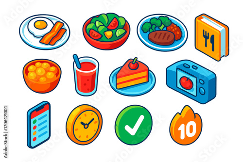 Colorful Meal Tracker Icons. Isometric vector illustration set Meal logging: breakfast plate icon, lunch salad, dinner protein