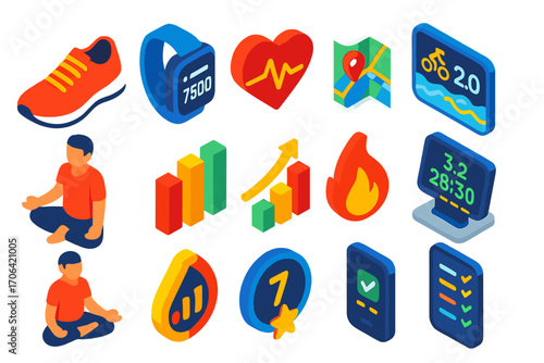 Fitness Activity Icons. Isometric vector illustration set Fitness activity tracking: running shoe, smartwatch with step counter,
