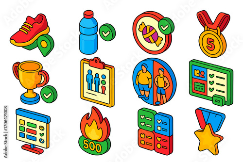Vibrant Health Challenge Icons. Isometric vector illustration set Health challenges and rewards: daily step challenge icon, water