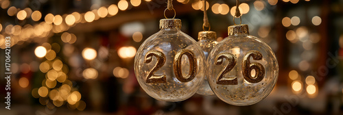 New Year's Eve 2026 Decorations: A captivating close-up view, illuminated by soft bokeh lights, features three exquisite glass ornaments delicately displaying the year 2026.
