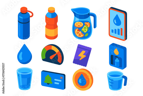 Hydration Essentials Icons. Isometric vector illustration set Hydration and wellness: reusable water bottle, sports drink bottle,