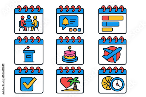 Colorful Calendar Icons. Isometric vector illustration set Calendar events: meeting with attendees, event reminder popup,