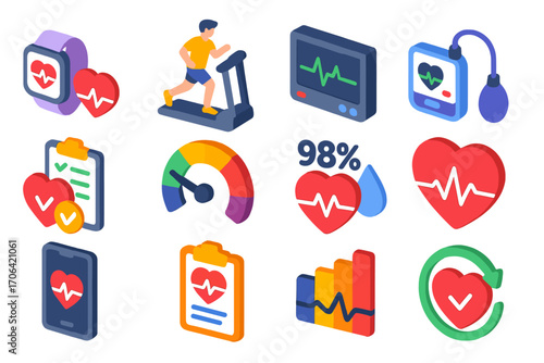Heart Health Icons. Isometric vector illustration set Heart health: heart rate monitor, cardio workout icon, ECG display, blood