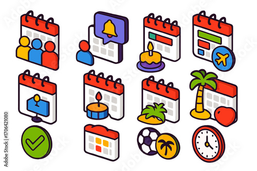 Colorful Calendar Icons. Isometric vector illustration set Calendar events: meeting with attendees, event reminder popup,