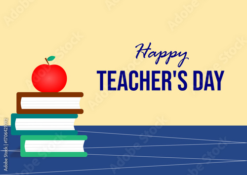 Teachers day design with books and apple on table
