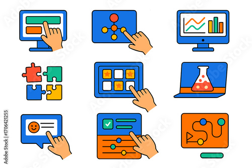 Interactive Learning Icons. Isometric vector illustration set Interactive learning: drag-and-drop exercise, clickable hotspot