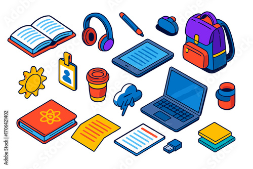 University Toolkit Icons. Isometric vector illustration set University toolkit: open textbook, tablet with lecture notes, wireless