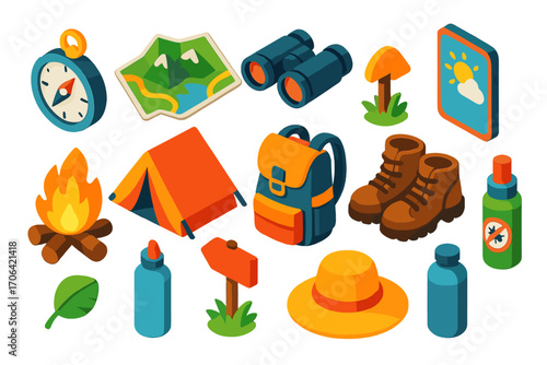 Outdoor Adventure Icons. Isometric vector illustration set Outdoor adventure: compass, mountain map, binoculars, weather app, tent