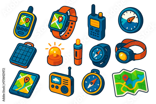 Navigation Gadgets Icons. Isometric vector illustration set Navigation gadgets: handheld GPS, smartwatch with map, walkie-talkie,