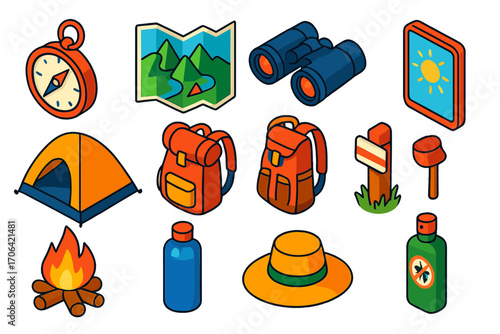 Outdoor Adventure Icons. Isometric vector illustration set Outdoor adventure: compass, mountain map, binoculars, weather app, tent