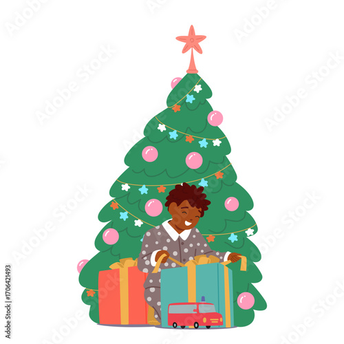Excited little boy child cartoon character unboxing Christmas gifts sitting by decorated Xmas tree