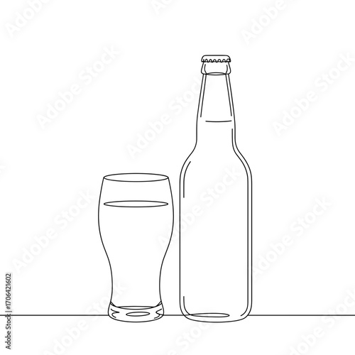 Minimalist outline line drawing of beer bottle and beer mug vector on white background