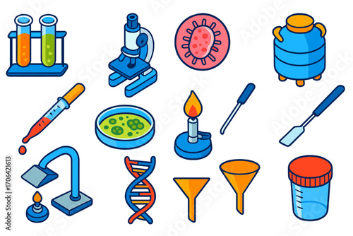 Bright Lab Equipment Icons. Isometric vector illustration set scientific lab equipment and microbiology: chemical reaction test