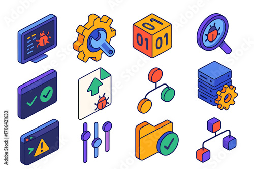 Bug Fixing Icons. Isometric vector illustration set bug fixing and development tools: code screen with bug mark, wrench in gear