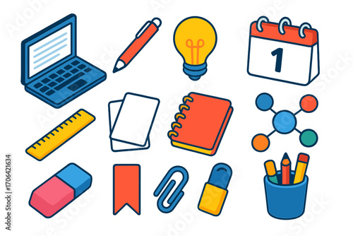 Creative Workspace Icons. Isometric vector illustration set writing and ideas: laptop with document, ballpoint pen, light bulb for