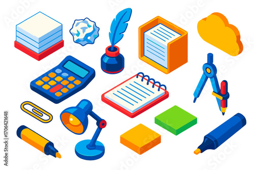 Creative Writing Tools. Isometric vector illustration set writing and ideas: note stack, crumpled paper ball, ink quill pen,