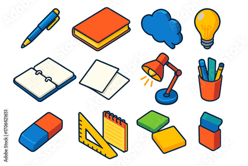 Creative Stationery Icons. Isometric vector illustration set writing and ideas: ballpoint pen, hardcover notebook, speech bubble