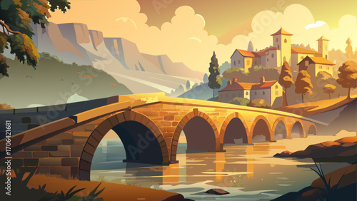 Panoramic view of a historic European stone bridge under morning mist, soft golden light filtering through, blending old-world charm and timeless elegance.