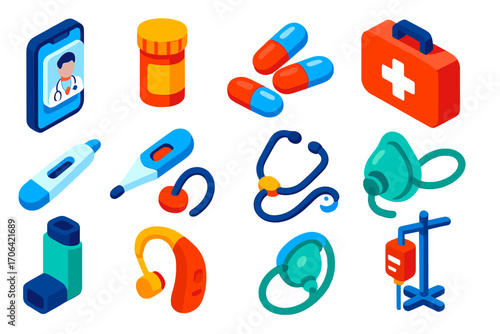 Healthcare App Icons. Isometric vector illustration set healthcare app icons: mobile app with doctor profile, prescription bottle,