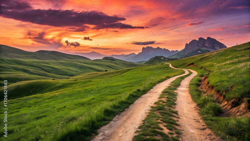 Obraz premium Dramatic sunset over rolling hills landscape with winding dirt road