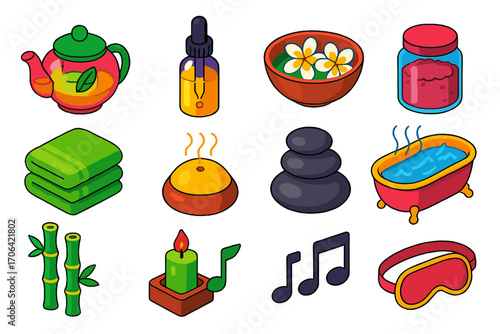 Wellness Icons Set. Isometric vector illustration set relaxation icons for wellness: herbal infusion pot, oil dropper bottle,