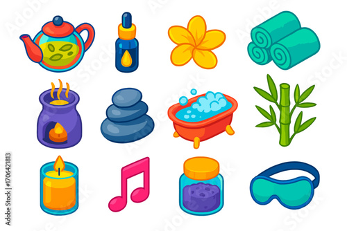 Wellness Icons Set. Isometric vector illustration set relaxation icons for wellness: teapot with herbal infusion, oil dropper jar,