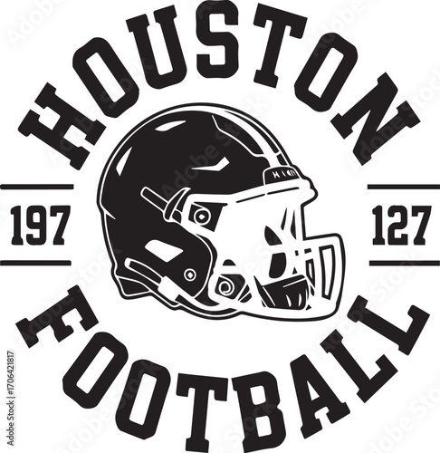 Black and white graphic of a football helmet with text H O U S T O N F O T B A L and numbers 197 127