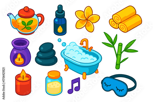 Wellness Icons Set. Isometric vector illustration set relaxation icons for wellness: teapot with herbal infusion, oil dropper jar,