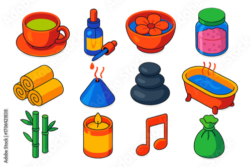 Wellness Relaxation Icons. Isometric vector illustration set relaxation icons for wellness: tea cup, dropper oil bottle, flower