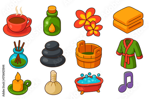 Relaxation Icons Set. Isometric vector illustration set relaxation icons for wellness: steaming tea cup, massage oil bottle,