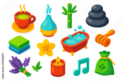Wellness Relaxation Icons. Isometric vector illustration set relaxation icons for wellness: steaming herbal tea cup, diffuser