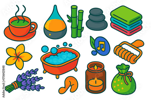 Wellness Relaxation Icons. Isometric vector illustration set relaxation icons for wellness: steaming herbal tea cup, diffuser