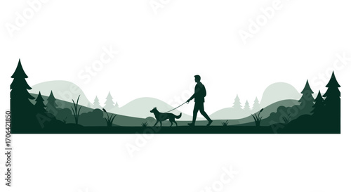 a man walking his dog through a scenic forest landscape