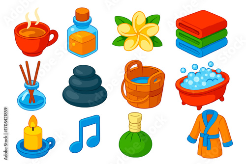 Relaxation Icons Set. Isometric vector illustration set relaxation icons for wellness: steaming tea cup, massage oil bottle,