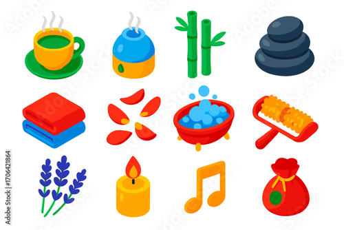 Wellness Icon Set. Isometric vector illustration set relaxation icons for wellness: steaming herbal tea cup, oil diffuser device,