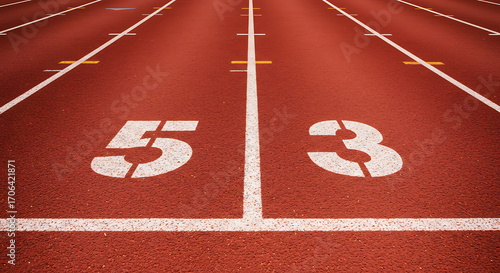 Close-up of starting line on a red athletics running track, sunlight casting strong contrast, symbol of motivation, beginning, and endurance, no people.